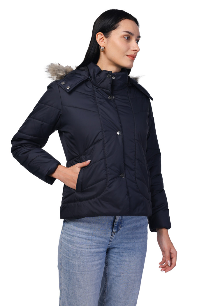 A model showcasing Women Quilted Jacket In Polyester Fabric With Removable Hood thumbnail.